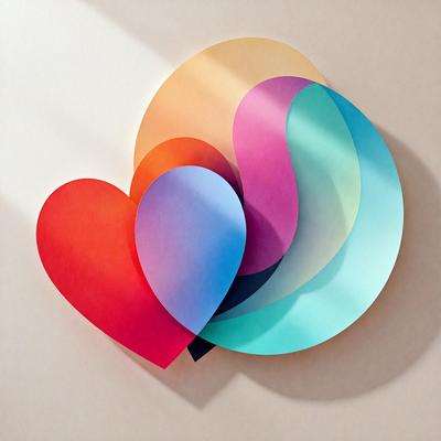The primary subject of the image is a heart-shaped cutout made from colored paper. The heart is displayed on a white background, giving it a clean and simple appearance. The colors of the heart are predominantly pink, blue, and orange, creating a warm and inviting atmosphere. The visual style of the image is a combination of art and craftsmanship, as the heart is skillfully cut and arranged to form a unique and eye-catching design.